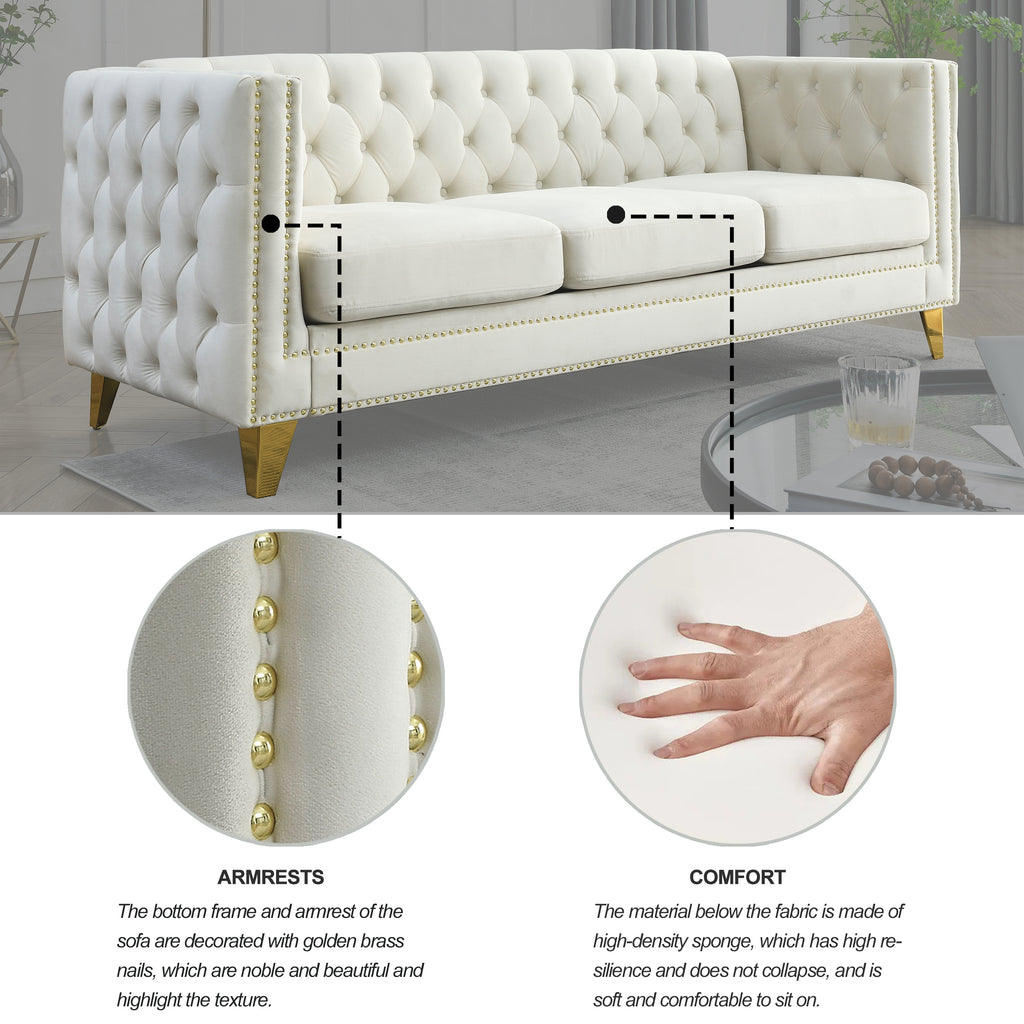 Modern Velvet Sofa with Button Tufting and Metal Legs, Beige Upholstered Couch for Living Room or Bedroom, 3-Seater, W834S00023 - Grand Goldman Shop