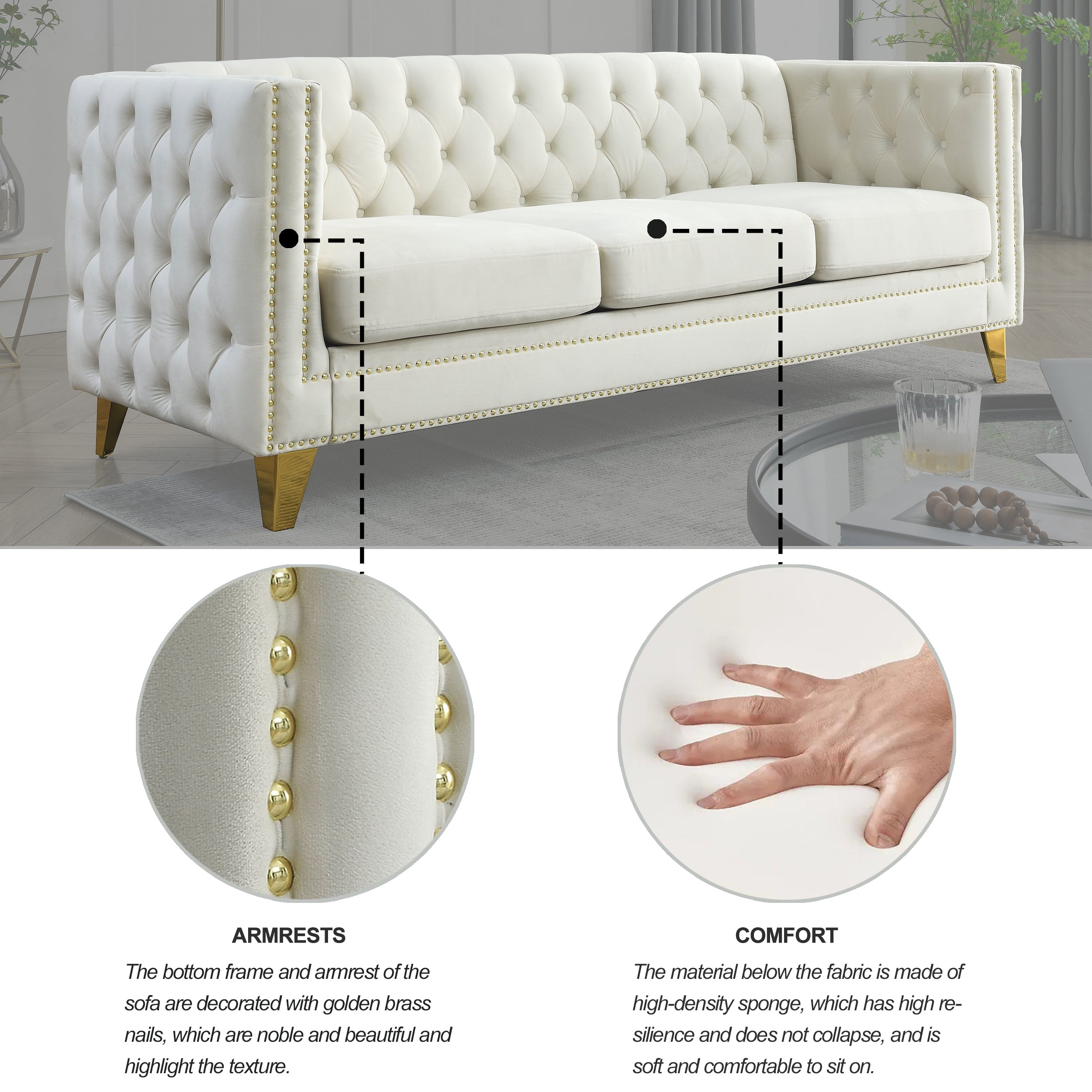 Modern Velvet Sofa with Button Tufting and Metal Legs, Beige Upholstered Couch for Living Room or Bedroom, 3-Seater, W834S00023 - Grand Goldman Shop