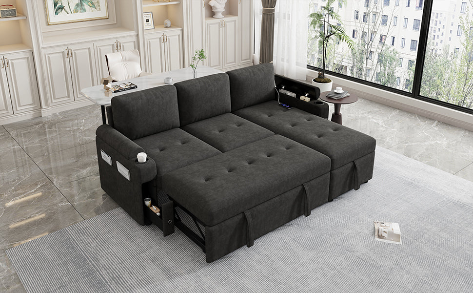 Black Convertible L-shaped Sofa Couch with Storage, Cup Holders, USB Ports, Chenille Fabric, 83.5' - Grand Goldman Shop