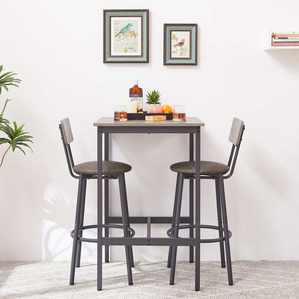 Bar Table Set with 2 Bar stools PU Soft seat with backrest, Grey, 23.62'' W x 23.62'' D x 35.43'' H - Grand Goldman Shop