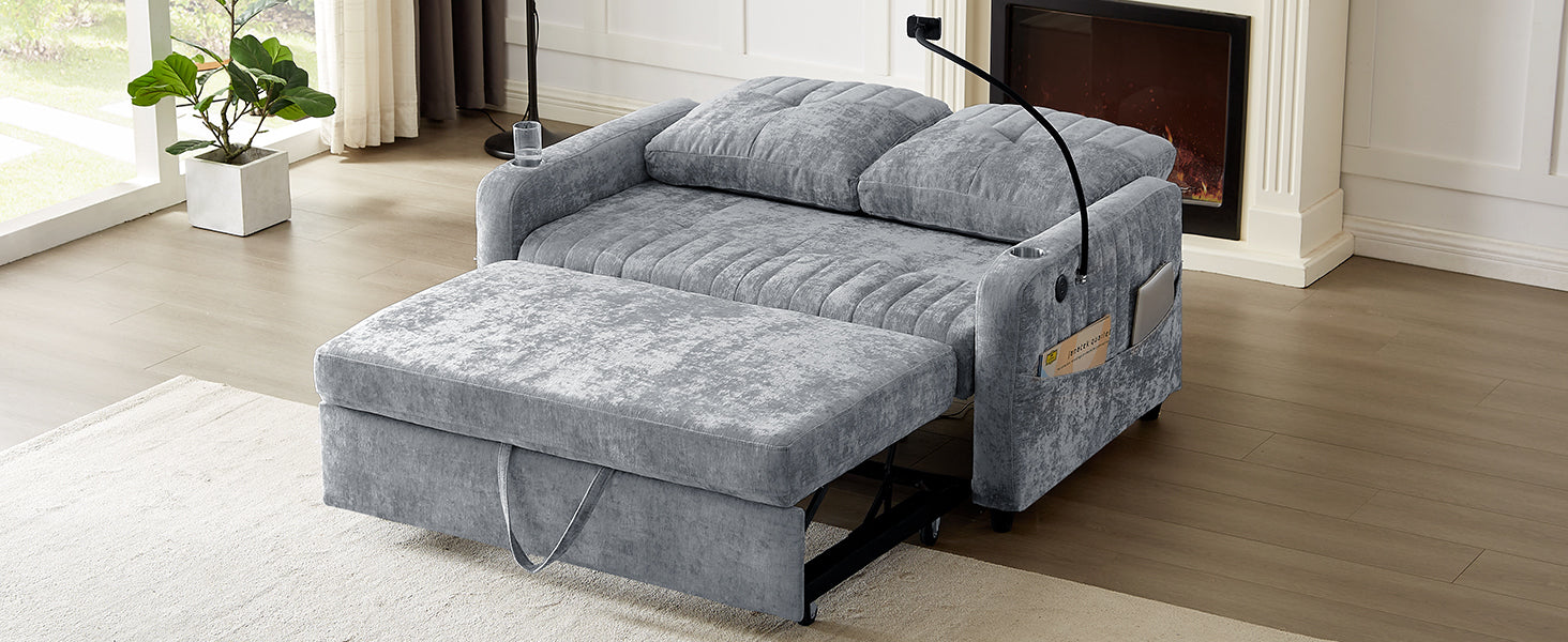Modern Loveseat Pull-out Sofa Bed with Adjustable Backrest, Cup Holders, Phone Holder, Charging Ports, Side Storage Pockets, Grey Chenille - Grand Goldman Shop