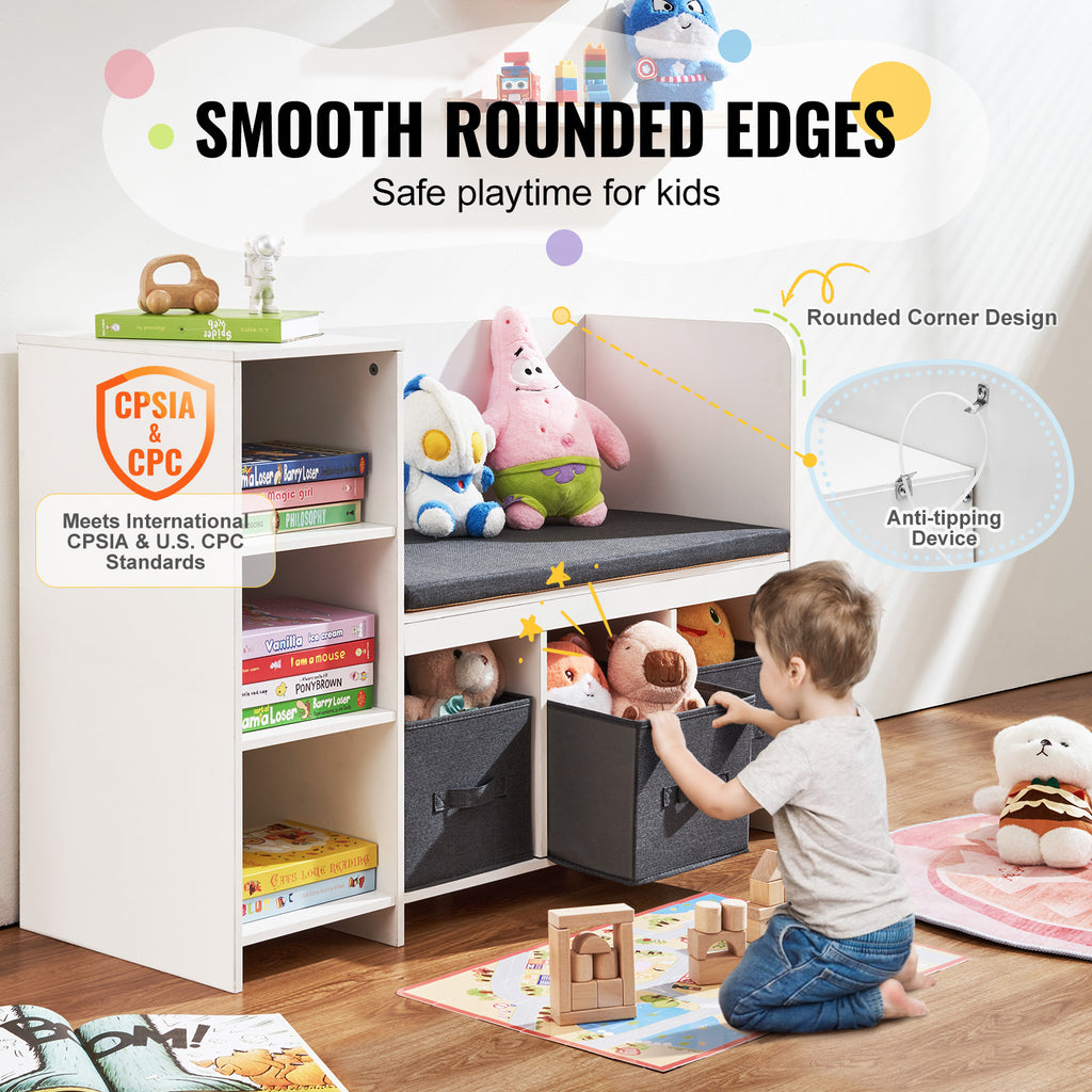 Kids Reading Nook Bench, Toddler Bookshelf and Bookcase with Detachable Seat Cushion, 6-Cubby Storage Organizer Bench with 3 