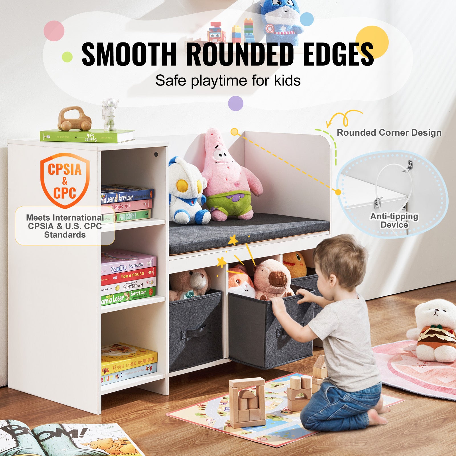 Kids Reading Nook Bench, Toddler Bookshelf and Bookcase with Detachable Seat Cushion, 6-Cubby Storage Organizer Bench with 3 