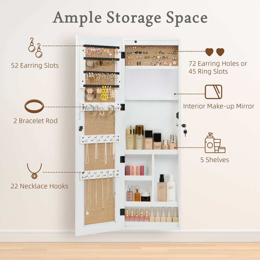 White Solid Wood Jewelry Armoire Organizer with Full-Length Mirror, Wall-Mounted Lockable Cabinet with LED Light, 47.5x14.3 in - Grand Goldman Shop