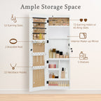White Solid Wood Jewelry Armoire Organizer with Full-Length Mirror, Wall-Mounted Lockable Cabinet with LED Light, 47.5x14.3 in - Grand Goldman Shop