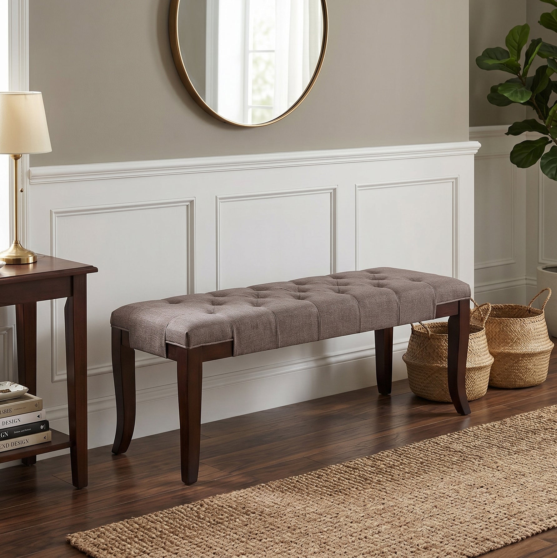 Linon Tufted Bench, Fabric, Brown - Grand Goldman Shop
