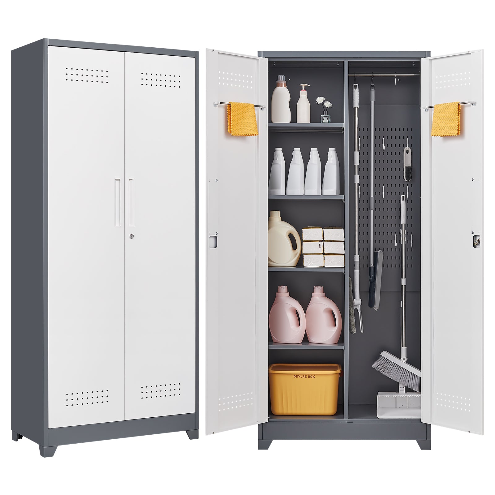 Gray Metal Lockers with Locking Doors, Adjustable Shelves, High Broom Tool Storage Cabinet, 72-Inch Kitchen, Office, Shop Org