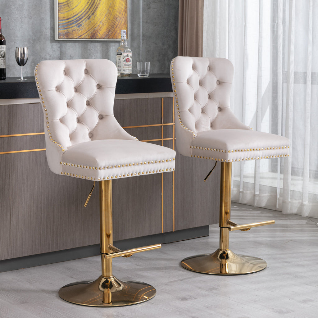 A&A Furniture,Thick Golden Swivel Velvet Barstools Adjusatble Seat Height from 27-35 Inch, Modern Upholstered Bar Stools with Backs Comfortable Tufted for Home Pub and Kitchen Island (Beige,Set of 2) - Grand Goldman Shop