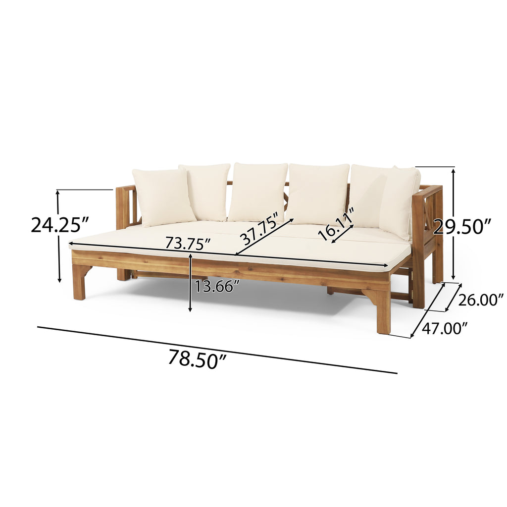 Outdoor Extendable Acacia Wood 3 Seater Sofa, Upholstered Cushion Couch, Daybed Sofa Chair, Spacious Seating Lounge Chair, Patio Daybed Sofa for Garden Yard - Grand Goldman Shop