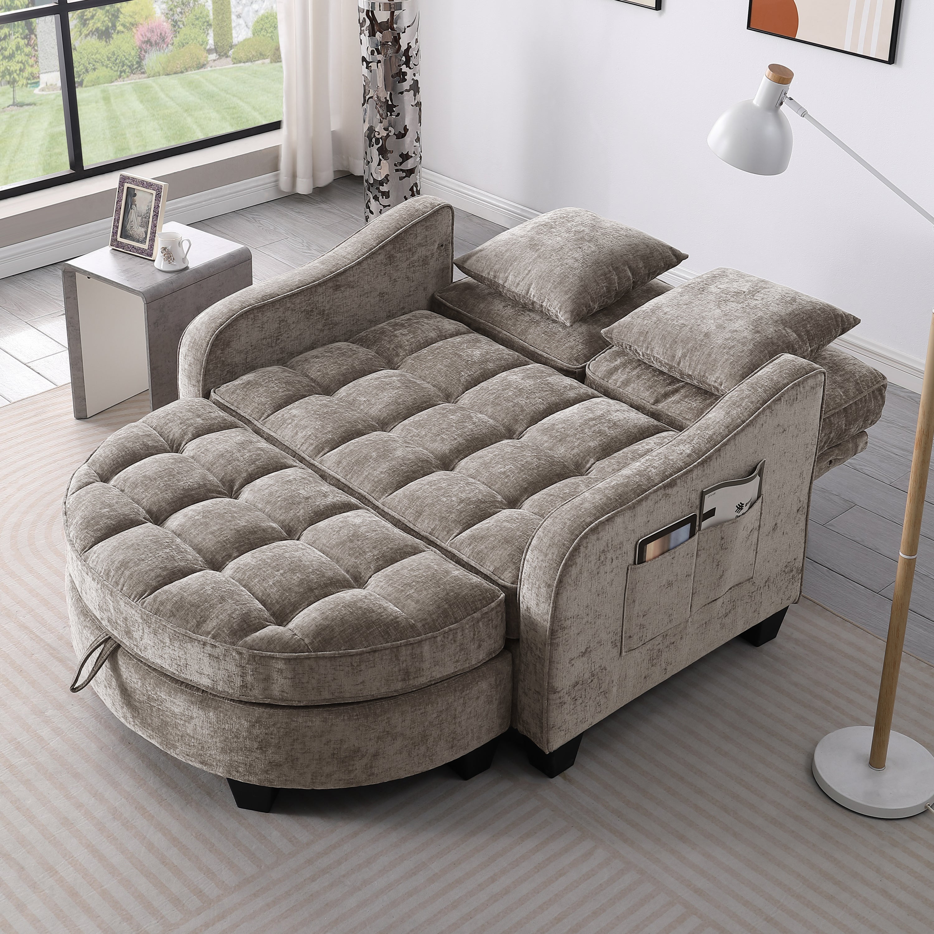 Two-seater sofa, double sofa chaise longue, with irregular armrests and backrests, footrest with storage space, comes with two small throw pillows, suitable for living room and bedroom - Brown - Grand Goldman Shop