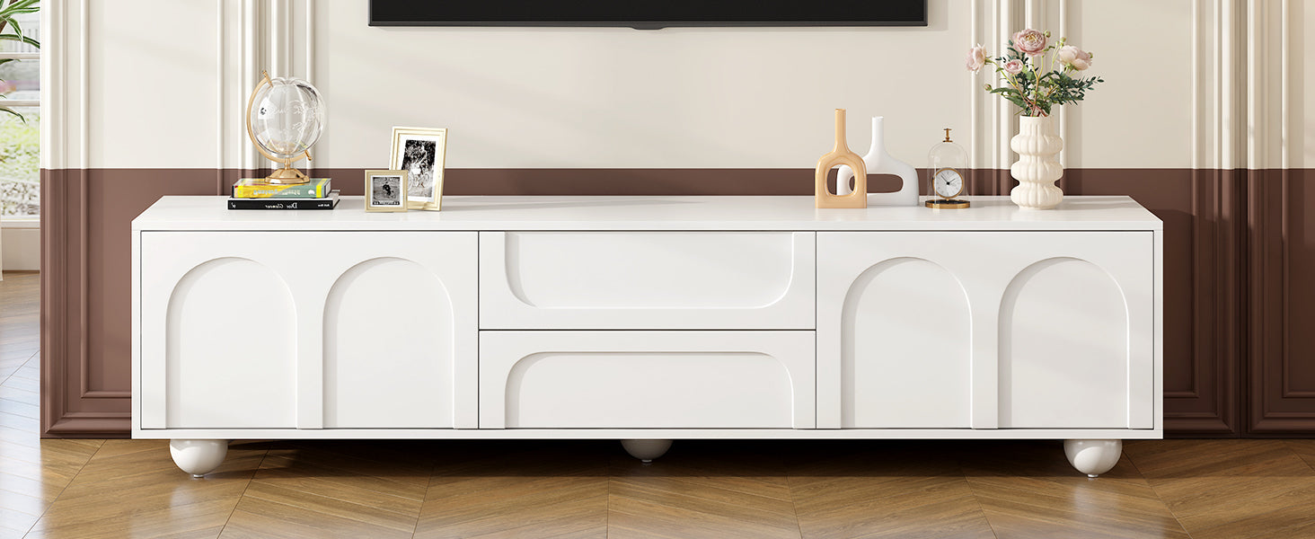 ON-TREND Cream Style TV Stand with Arched Doors & 2 Drawers for TVs up to 75', Minimalist Media Console with Rebound Device, Entertainment Center with 5 Iron Round Legs for Living Room, Bedroom, White - Grand Goldman Shop