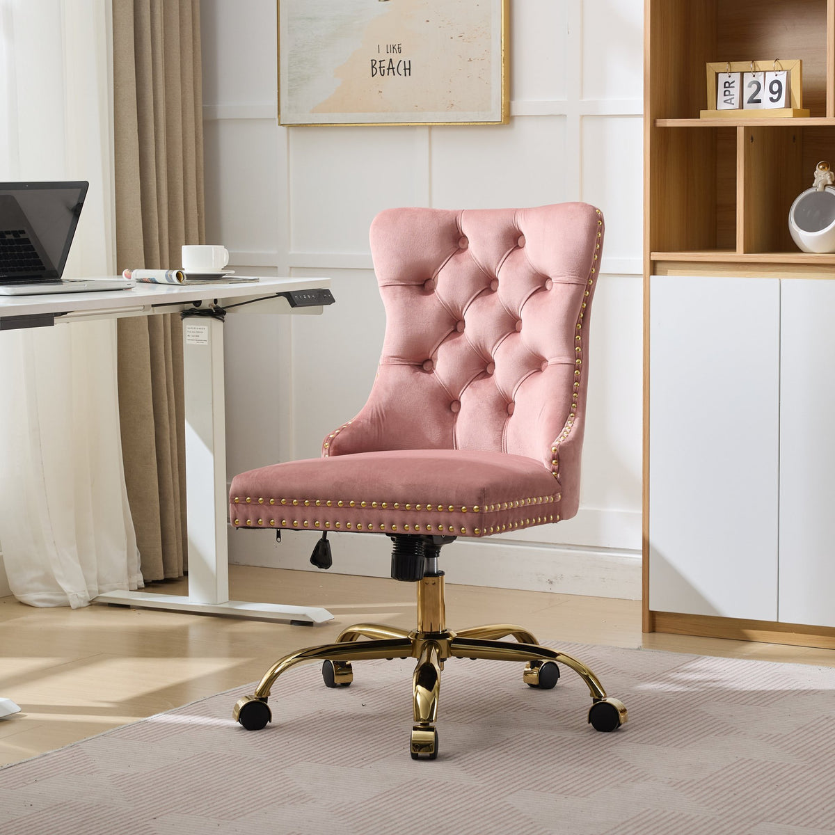 A&A Furniture Office Chair,Modern Velvet Upholstered Tufted Button Home Office Chair with Golden Metal Base,Adjustable Desk C