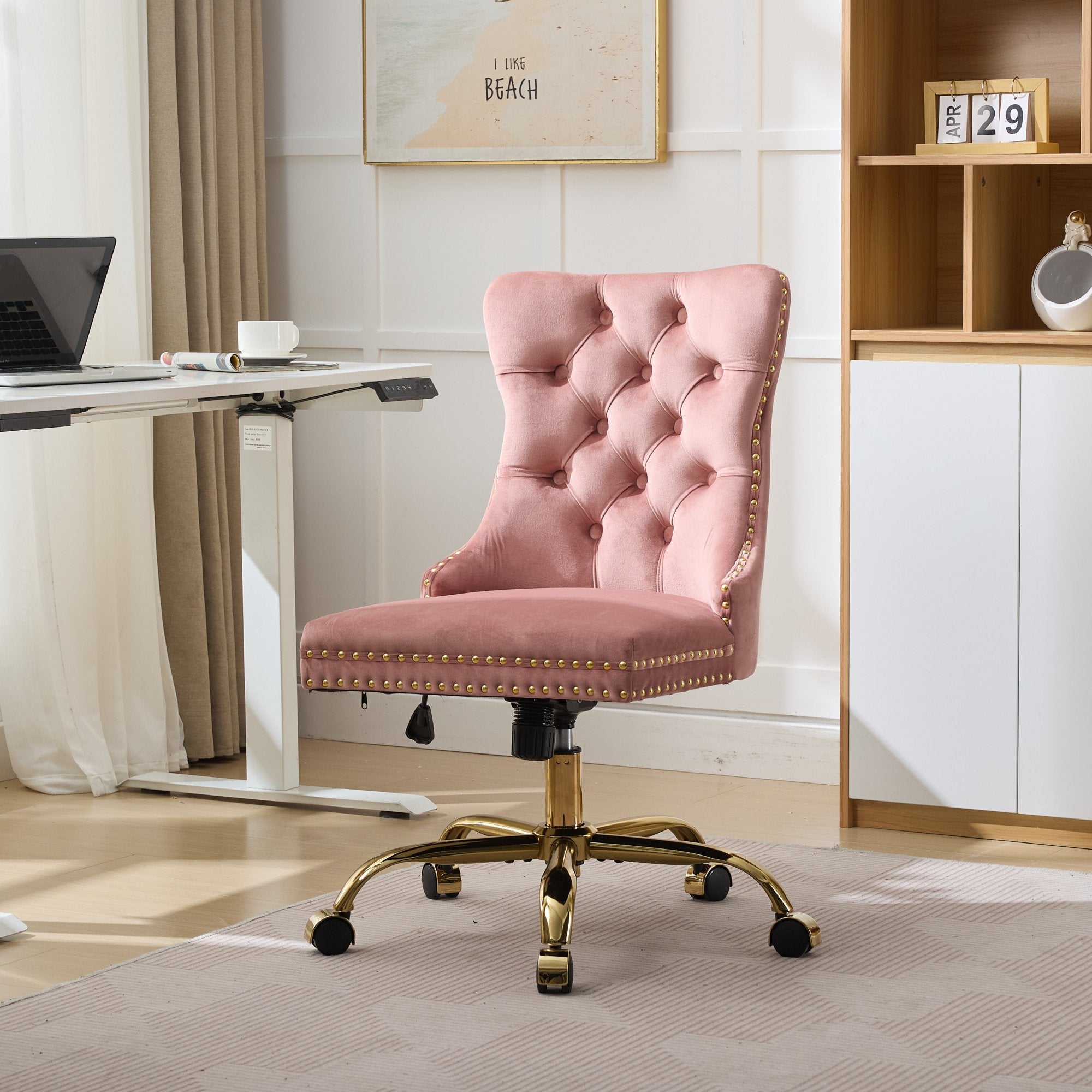 A&A Furniture Office Chair,Modern Velvet Upholstered Tufted Button Home Office Chair with Golden Metal Base,Adjustable Desk C