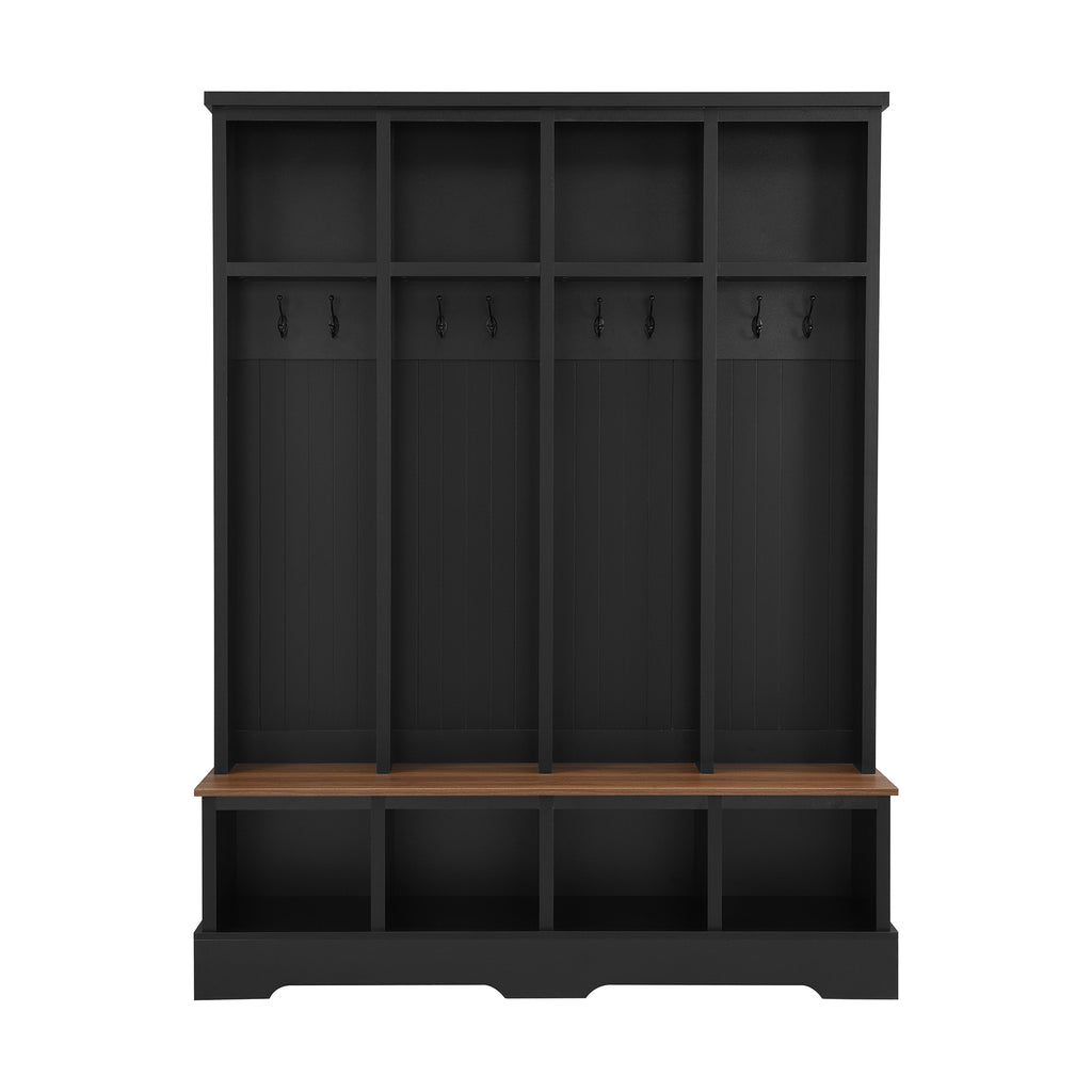 Farmhouse Hall Tree with 8 Hooks, Practical Entryway Bench with Open Compartments, 76.7'H Modern 3-in-1 Wooden Style Coat and Shoe Rack for Mudroom, Living Room, Black (OLD SKU: N721P292601B) - Grand Goldman Shop
