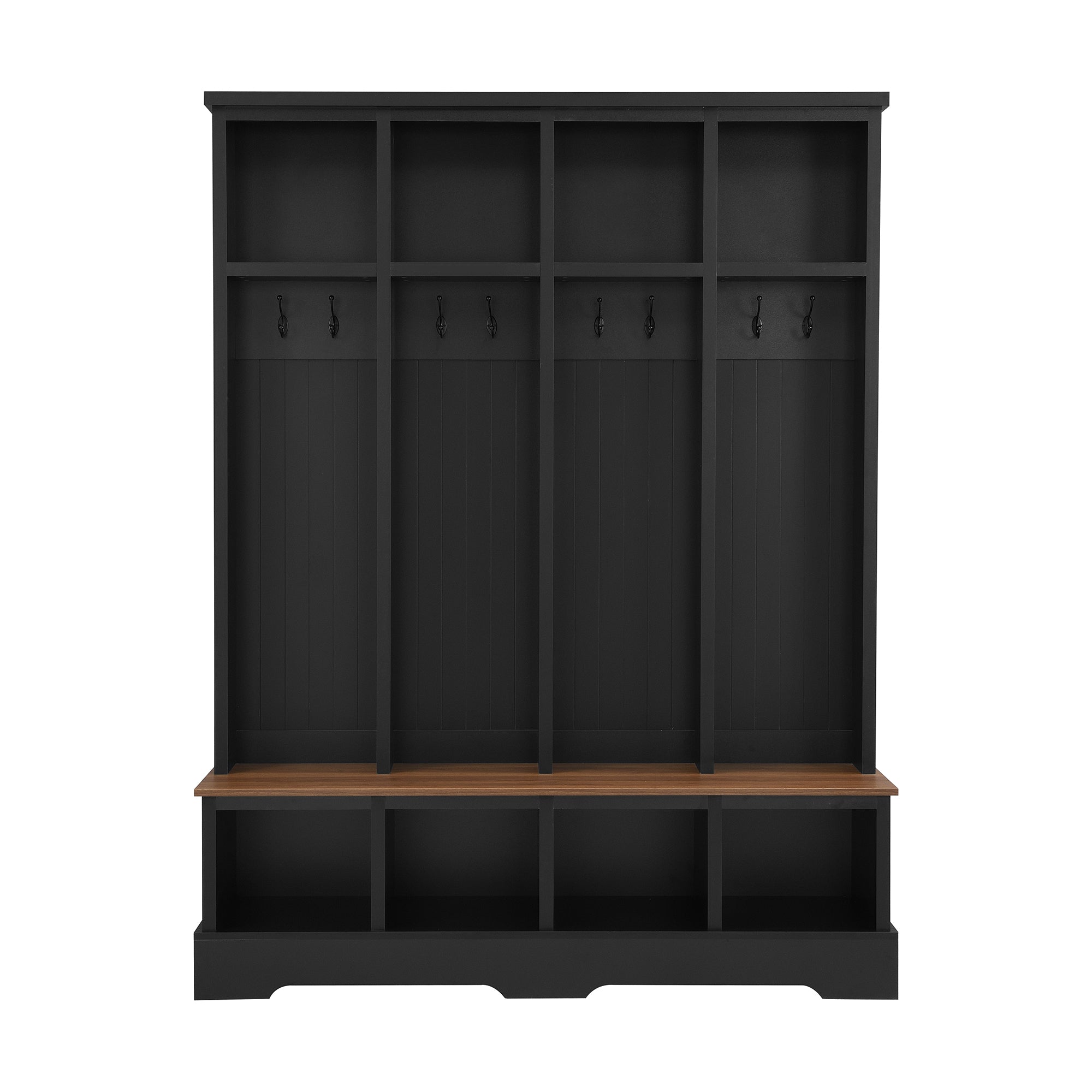 Farmhouse Hall Tree with 8 Hooks, Practical Entryway Bench with Open Compartments, 76.7'H Modern 3-in-1 Wooden Style Coat and Shoe Rack for Mudroom, Living Room, Black (OLD SKU: N721P292601B) - Grand Goldman Shop