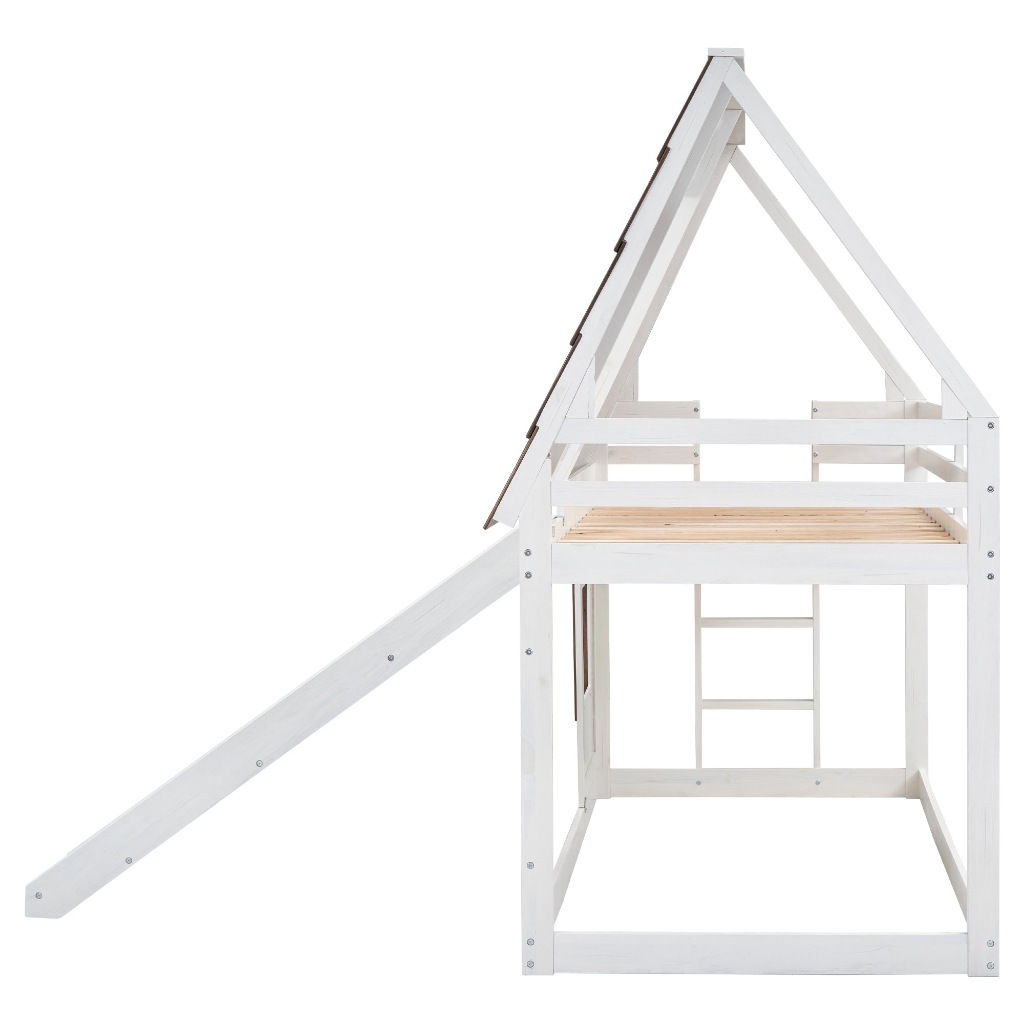 Hearth & Haven Bunk Twin Bed with House Roof, Ladder and Slide, White and Brown - Grand Goldman Shop