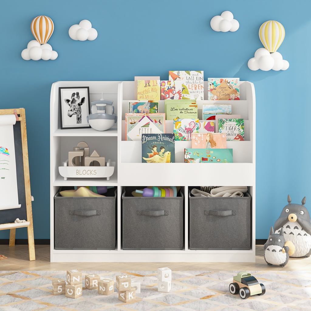 Kids Bookcase and Bookshelf with 3 Collapsible Fabric Drawers, Multifunctional Display Stand for Bedroom, Playroom, Hallway i