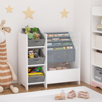 Kids Bookshelf and Toy Storage Organizer, Multifunctional 4-Tier White MDF Bookshelf with 3 Collapsible Fabric Drawers for Nu