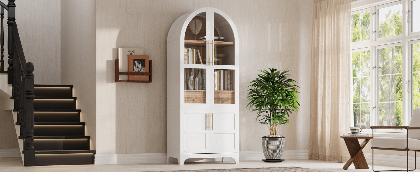 K&K 71' Tall Arched Kitchen Pantry Cabinet with Door Shelves, Farmhouse Kitchen Storage Cabinet with Open & Adjustable Shelves, Hidden Drawer & Glass Door, Cupboard for Kitchen, Dining Room, White - Grand Goldman Shop