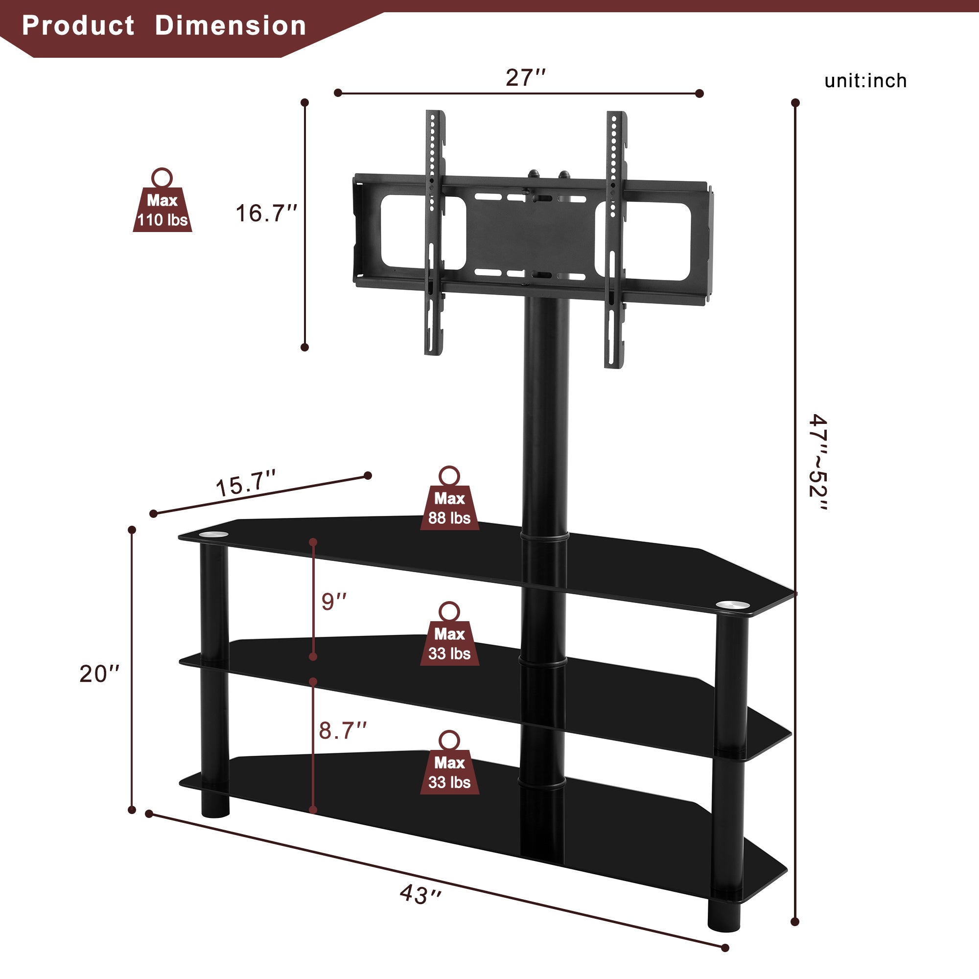 Modern Black Multi-function TV Stand with Height Adjustable Swivel Bracket and 3-Tier Tempered Glass - Grand Goldman Shop