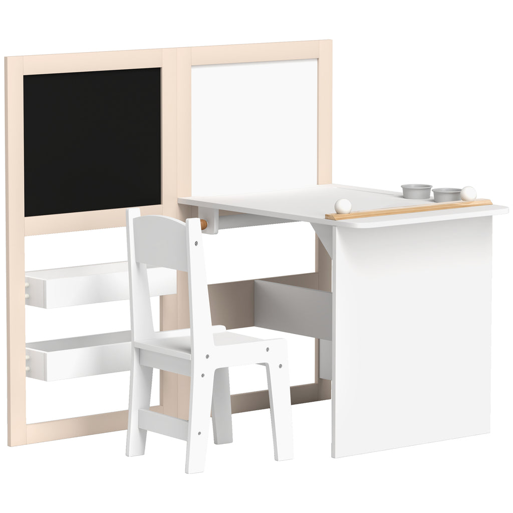 Qaba Kids Table and Chair Set, 3 in 1 Kids Art Table and Chair Set with Storage Shelves, Foldable Blackboard, Whiteboard & Ro