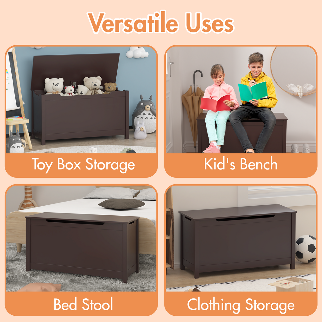 Kids Wooden Toy Box Storage with Safety Hinged Lid for Ages 2+ (Coffee) - Grand Goldman