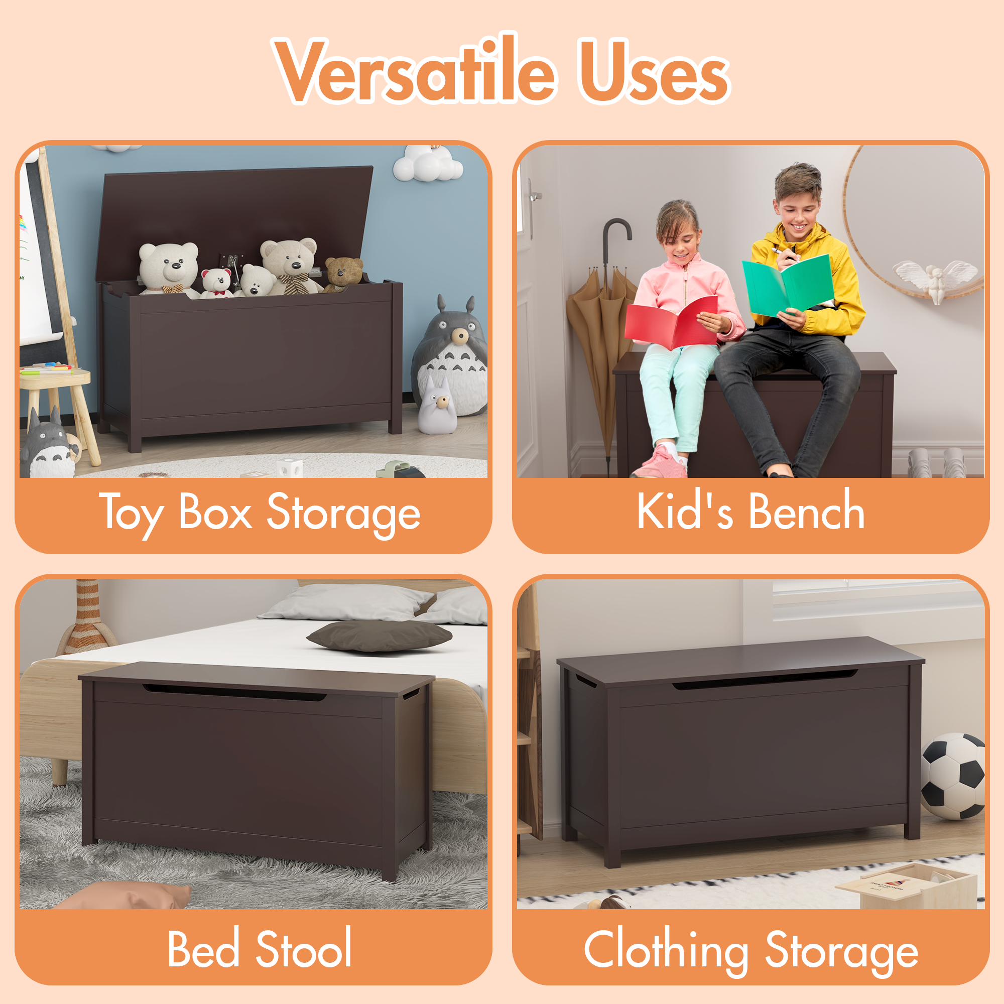 Kids Wooden Toy Box Storage with Safety Hinged Lid for Ages 2+ (Coffee) - Grand Goldman