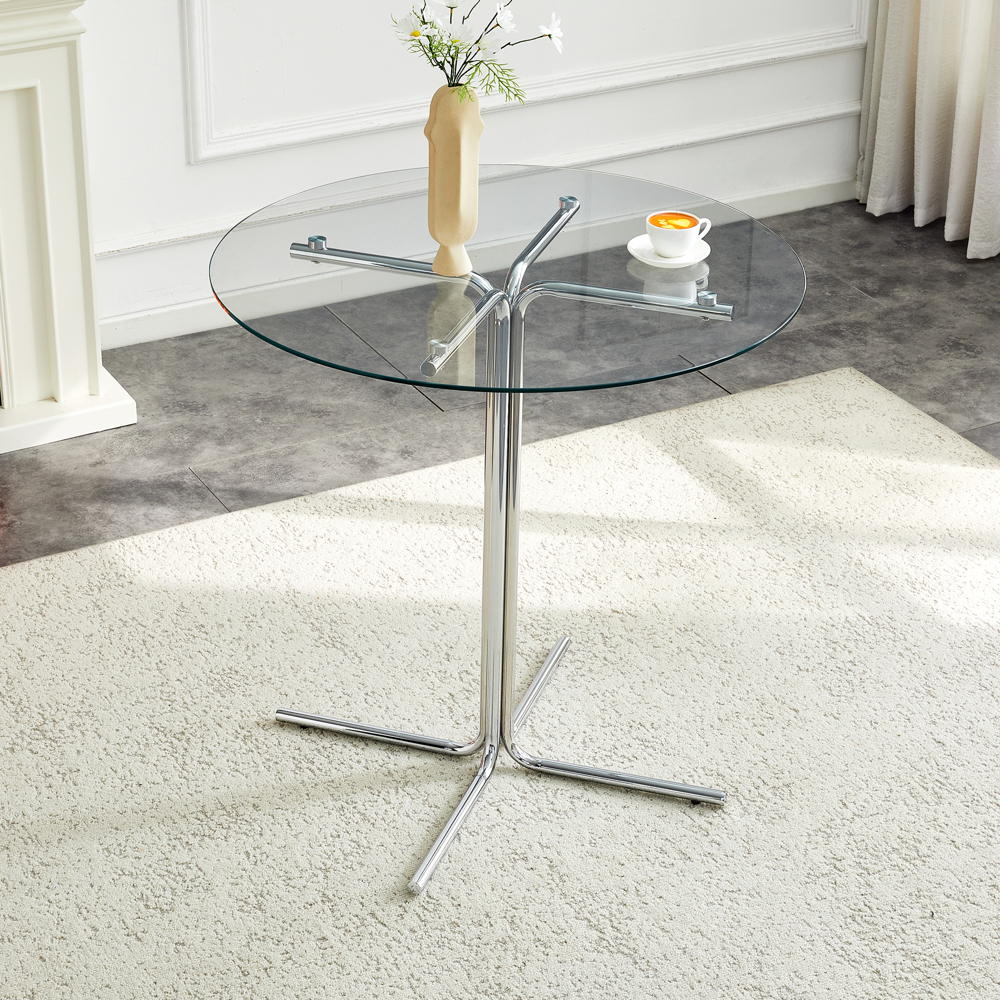 Round glass bar high table, 36 inch round bar table, tempered glass tabletop, sturdy silver chrome plated four column support, suitable for transparent round bar tables in small spaces, kitchens - Grand Goldman Shop