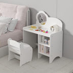 Kids Vanity Table with Mirror and Chair, Wooden Children's Dressing Makeup Desk with Storage Shelves, Study and Activity Tabl