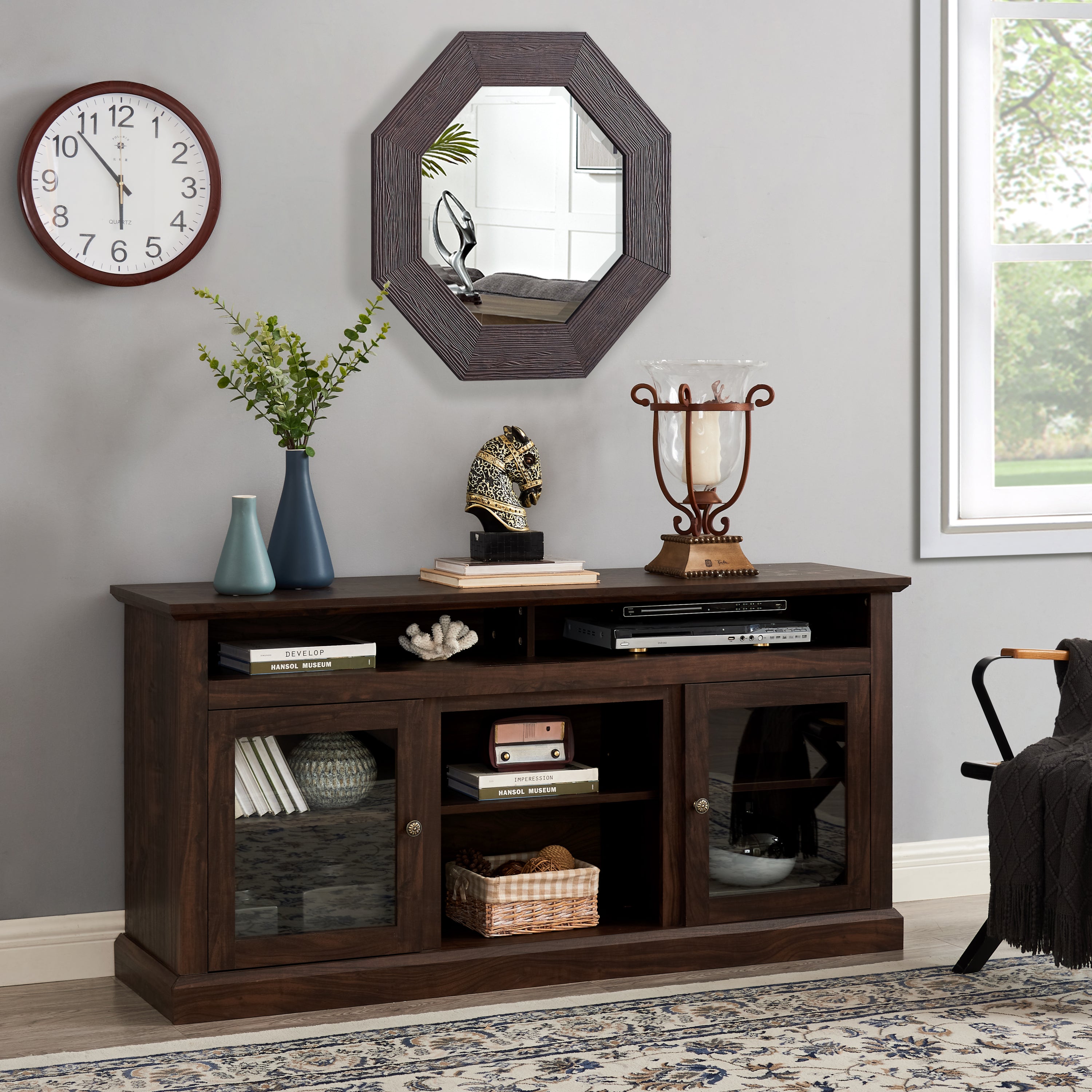 Modern TV Stand for up to 65 Inch TVs, Entertainment Center Farmhouse TV Cabinet Media Console Table with Glass Doors for Living Room, Brown 60'W*15.75'D*29'H - Grand Goldman Shop