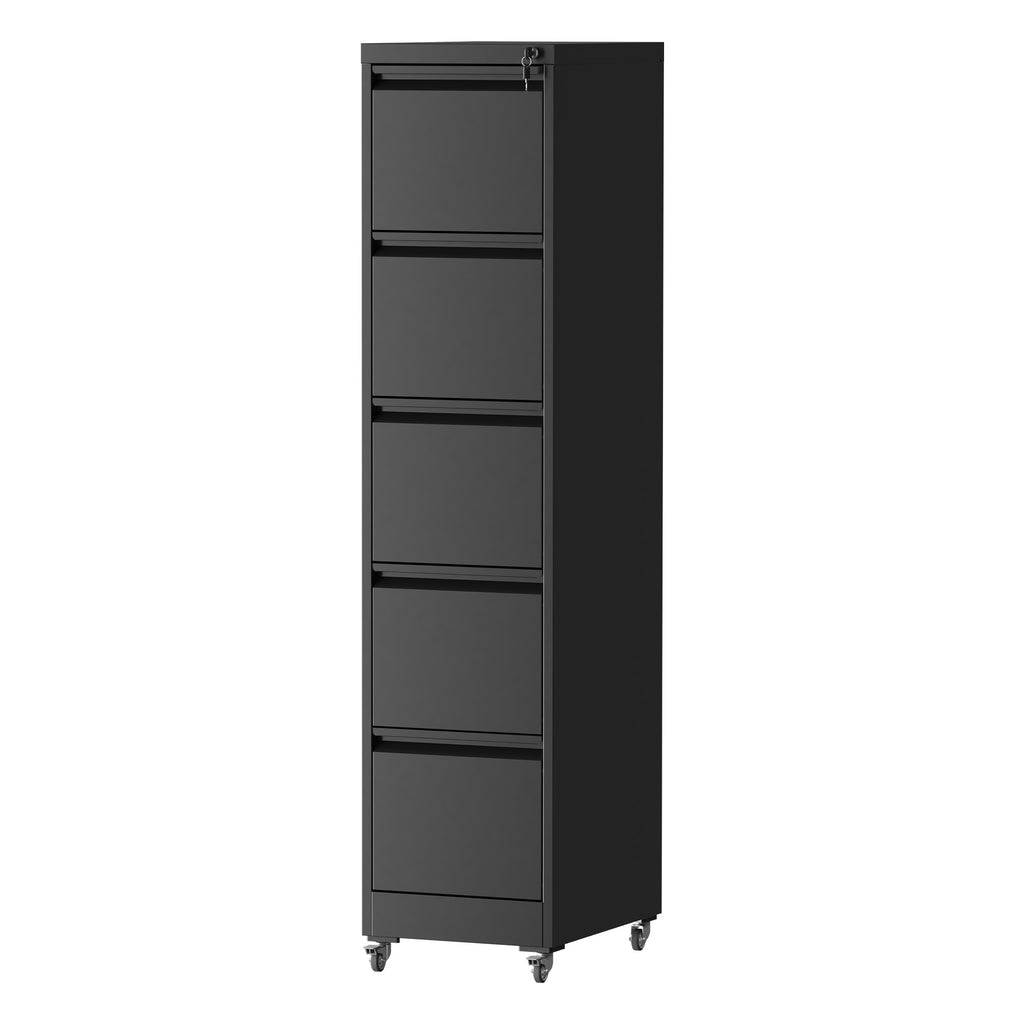 Heavy Duty Black Metal 5 Drawer Vertical File Cabinet with Lock and Wheels for Home Office - Grand Goldman