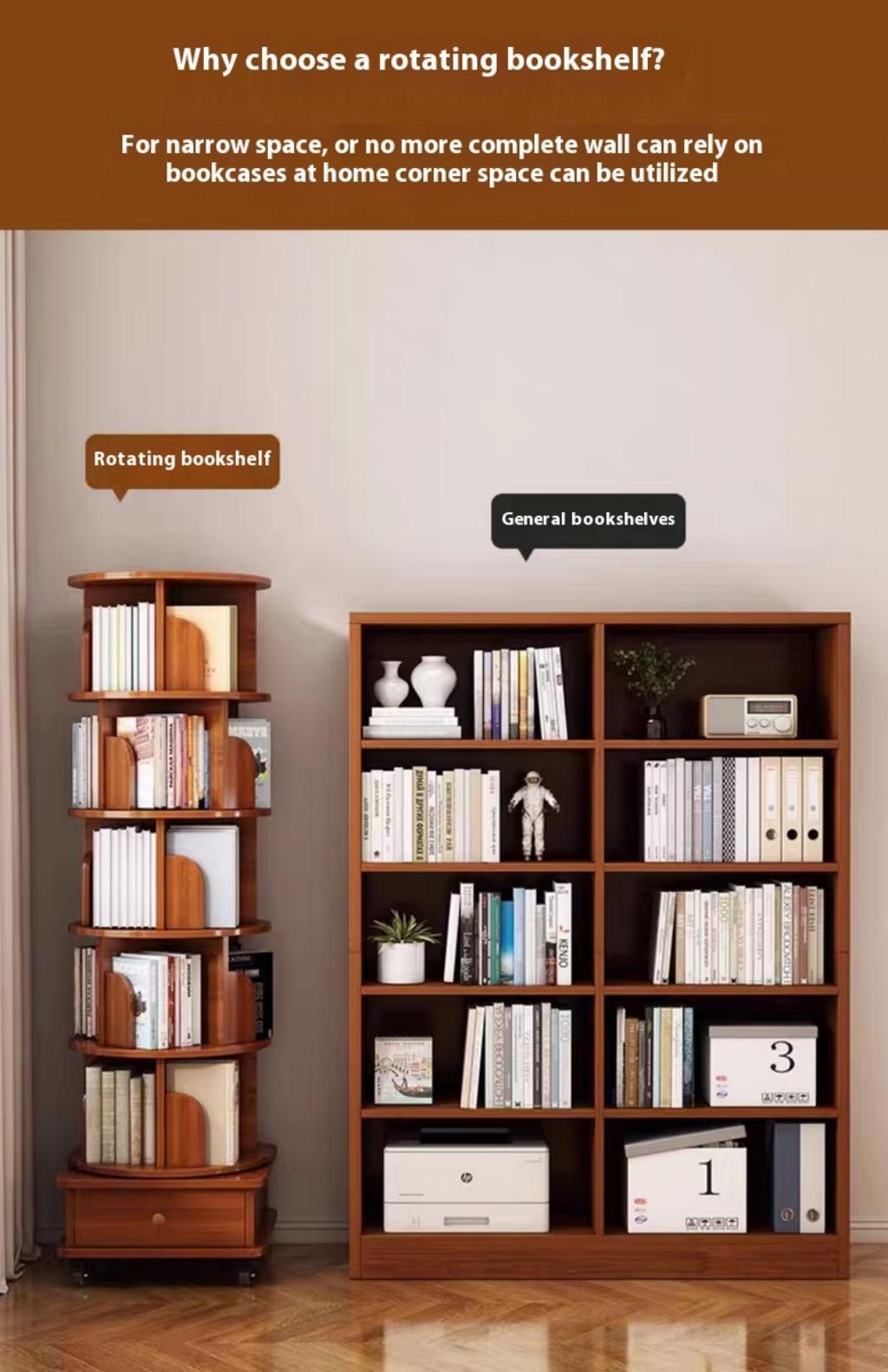 (UPGRADED) Rotating Bookshelf, 360 Display Corner Bookshelf for Small Space, 6 Tier Bookcase Storage Rack with Wheels, Wood Narrow Organizer for Bedroom, Living Room, Study Room, Walnut Brown - Grand Goldman Shop