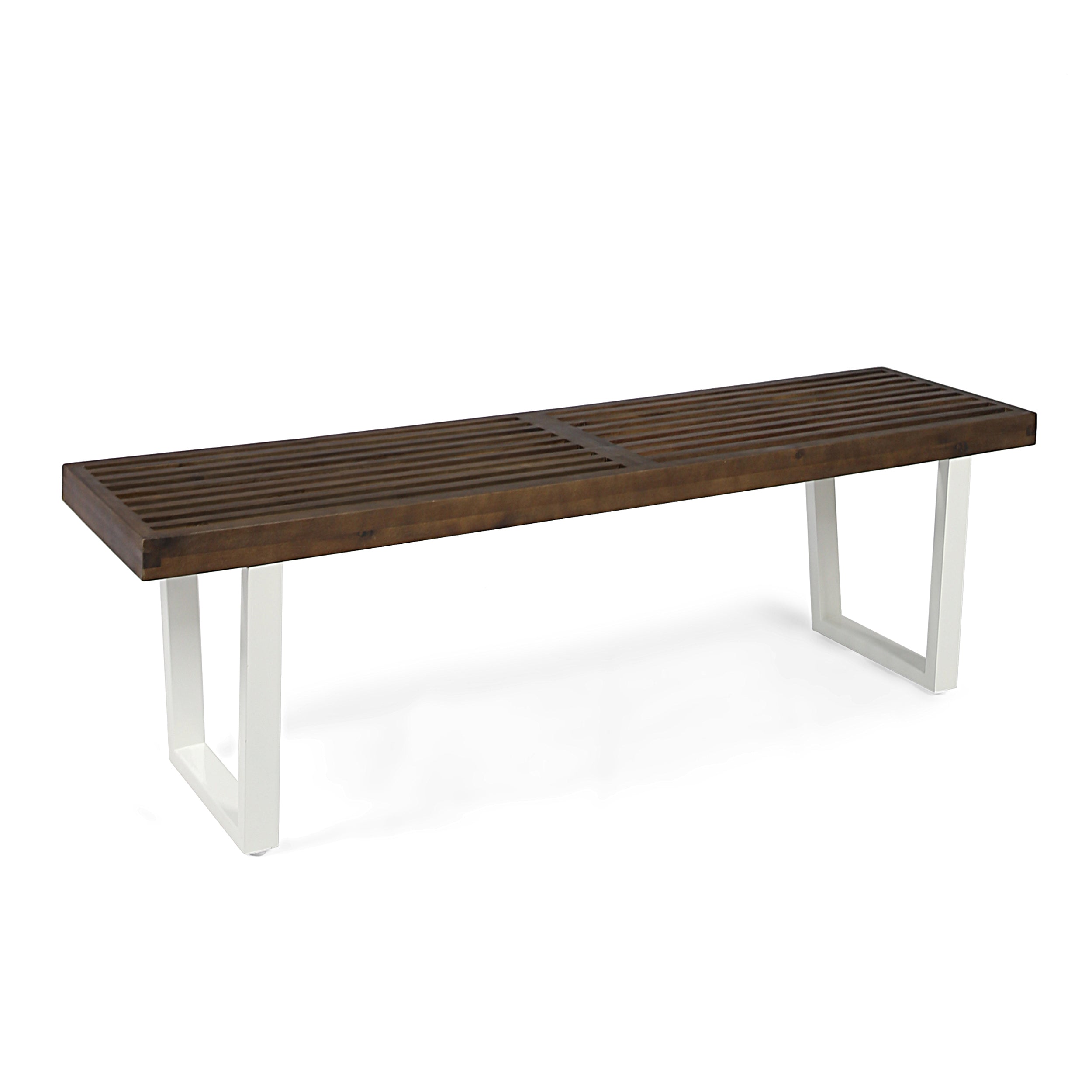 Intrinsic Outdoor Dining Bench with Iron Legs and Slat Top, Dark Brown and White - Grand Goldman Shop