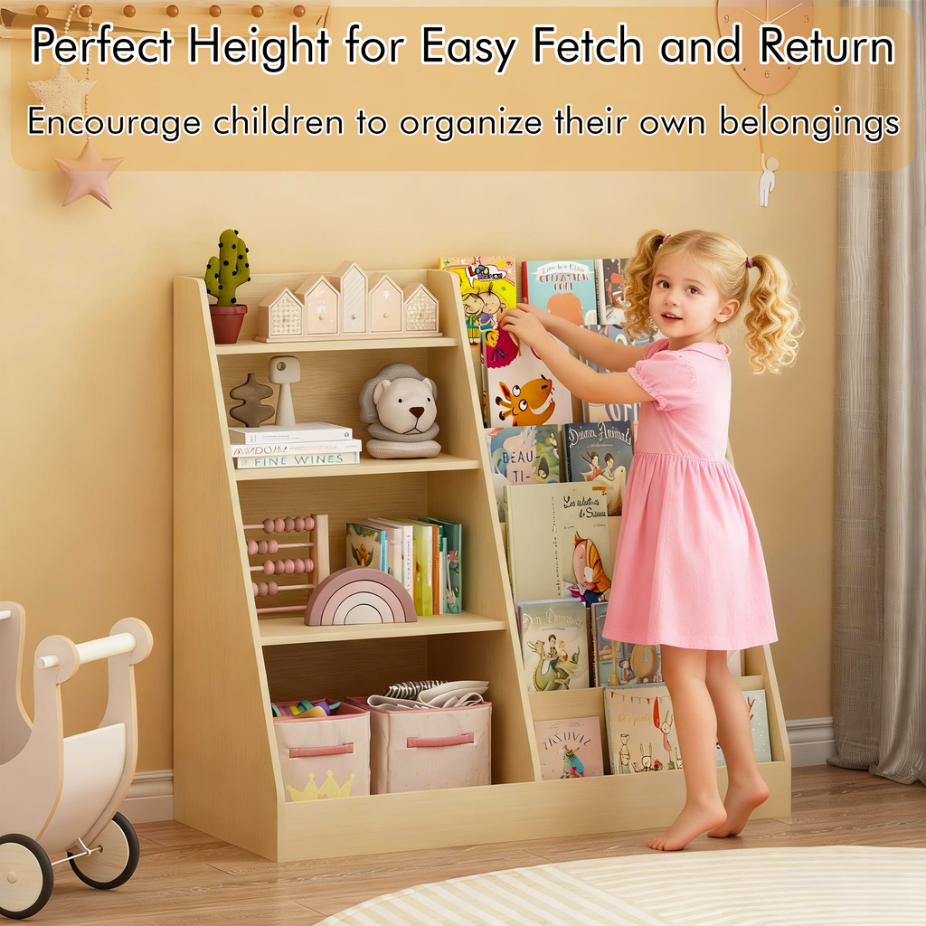 Kids Bookshelf and Toy Storage Organizer, Multifunctional 4 Tier Wooden Kids Book Shelf with  Bookcase Display Stand in Kids 