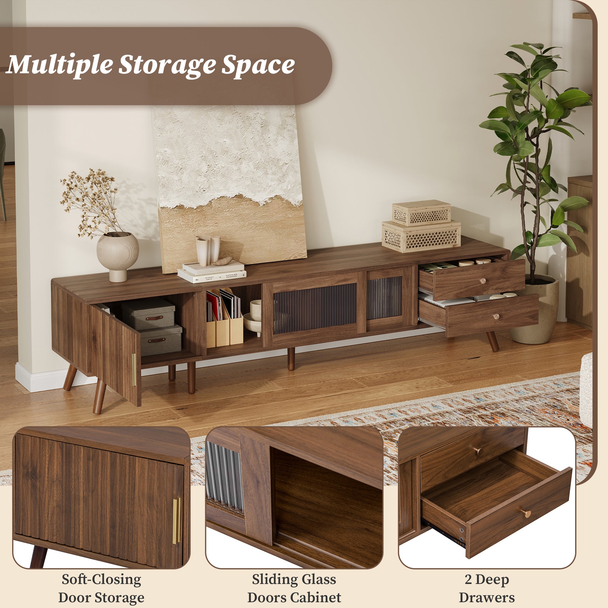 76' Modern Minimal Glass-Doors TV Stand for TVs up to 85 Inches, Wood-Grain Entertainment Center with Storage Cabinets, TV Media Console Table for Living Room, Bedroom - Grand Goldman Shop