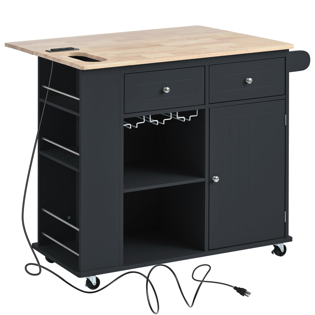 Kitchen Island with Power Outlet,Kitchen Storage Island with Drop Leaf and Rubber Wood,Open Storage and Wine Rack,5 Wheels,with Adjustable Storage for Home, Kitchen, and Dining Room, Black - Grand Goldman Shop