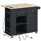 Kitchen Island with Power Outlet,Kitchen Storage Island with Drop Leaf and Rubber Wood,Open Storage and Wine Rack,5 Wheels,with Adjustable Storage for Home, Kitchen, and Dining Room, Black - Grand Goldman Shop