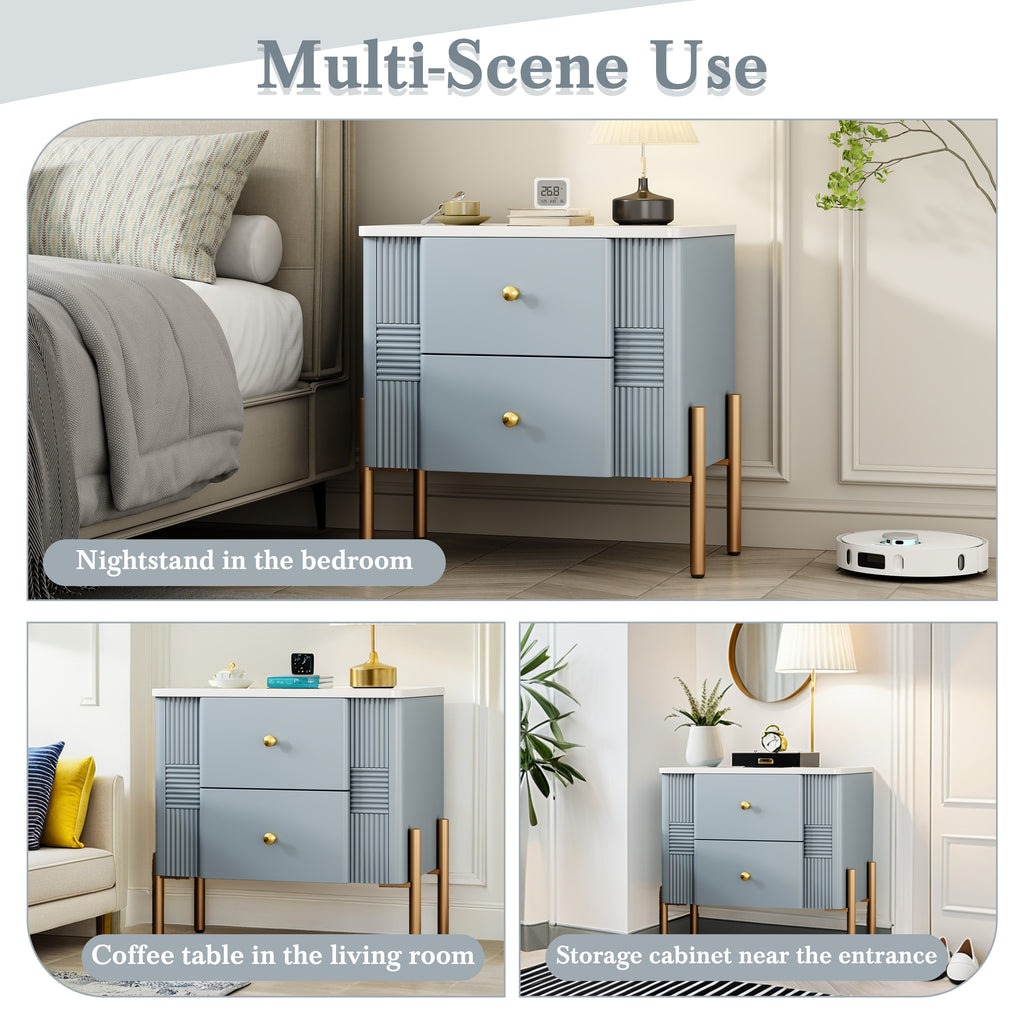 Modern Nightstand with 2 Storage Drawer, Fluted Bedside Table with Golden Metal Handles and Legs, End Table for Living Room and Bedroom, Easy Assembly, Blue - Grand Goldman Shop