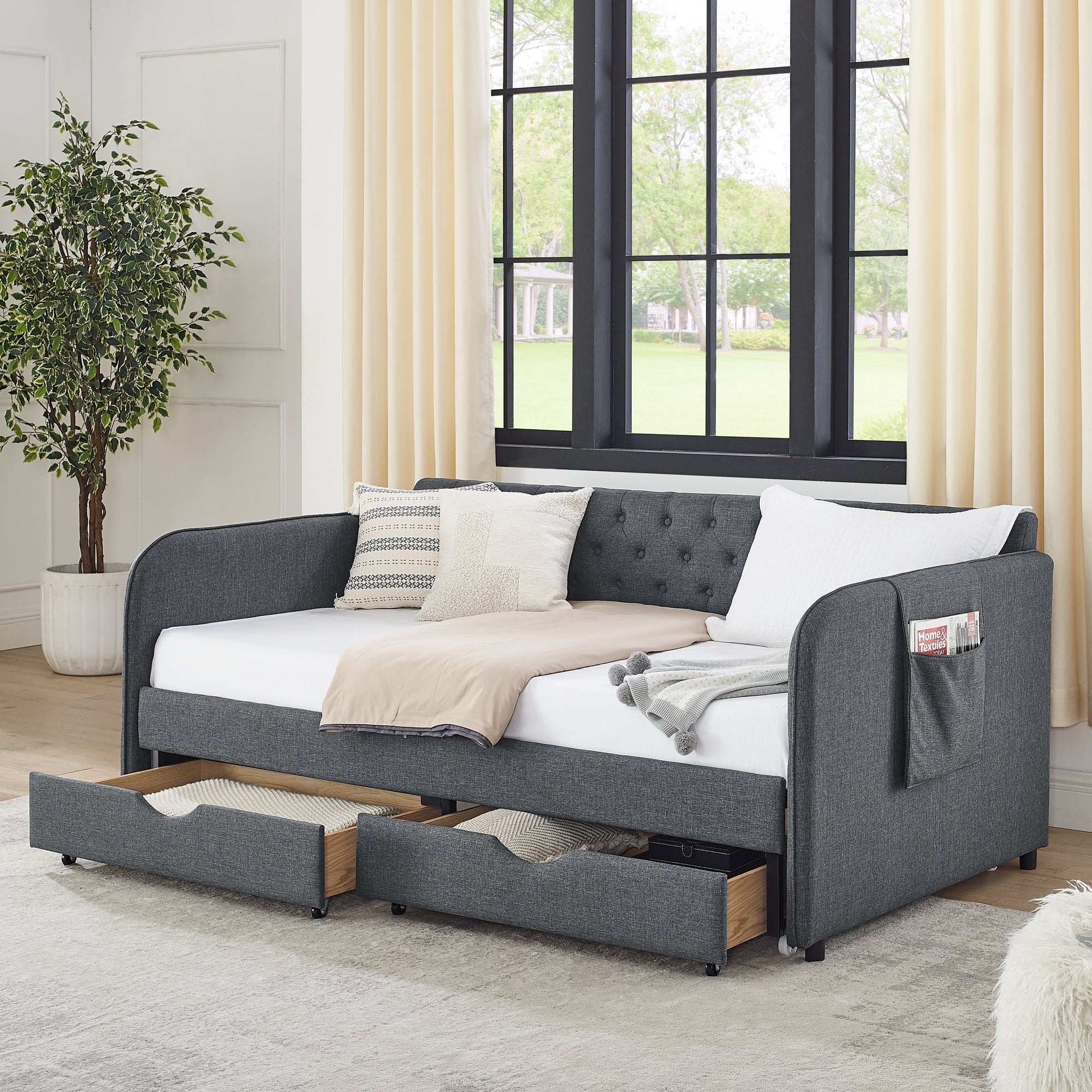 Twin Size Upholstered Daybed with Trundle and Drawers, Dark Gray Linen, Flat Arms, Extendable for Bedroom or Living Room - Grand Goldman Shop