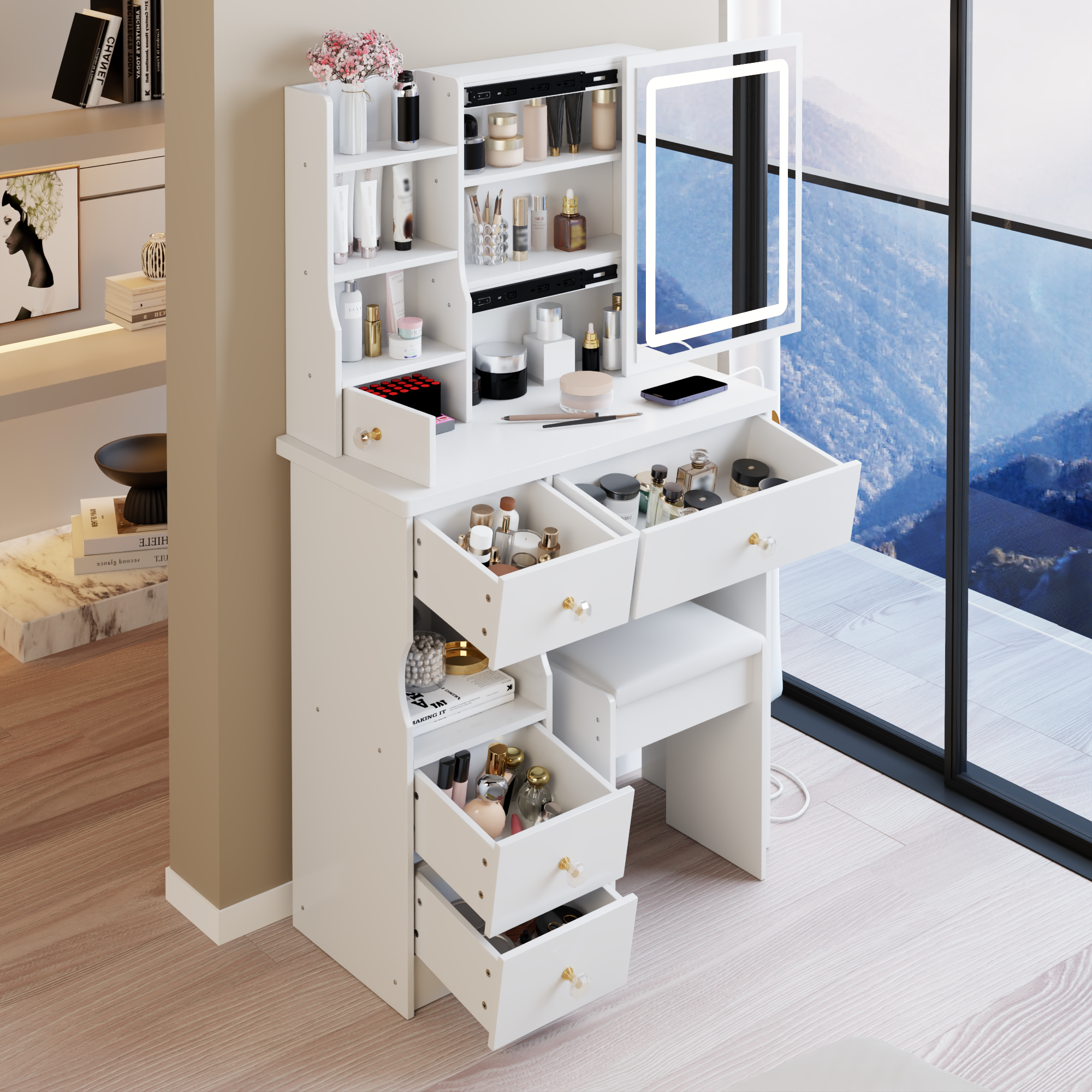 29.2' Small Size Left Drawer Desktop Vanity Table + Cushioned Stool, 2 AC+2 USB Power Station, Hair dryer bracket, Extra Large Touch Control Sliding LED Mirror, Tri-color Switching, Brightness Adjust - Grand Goldman Shop