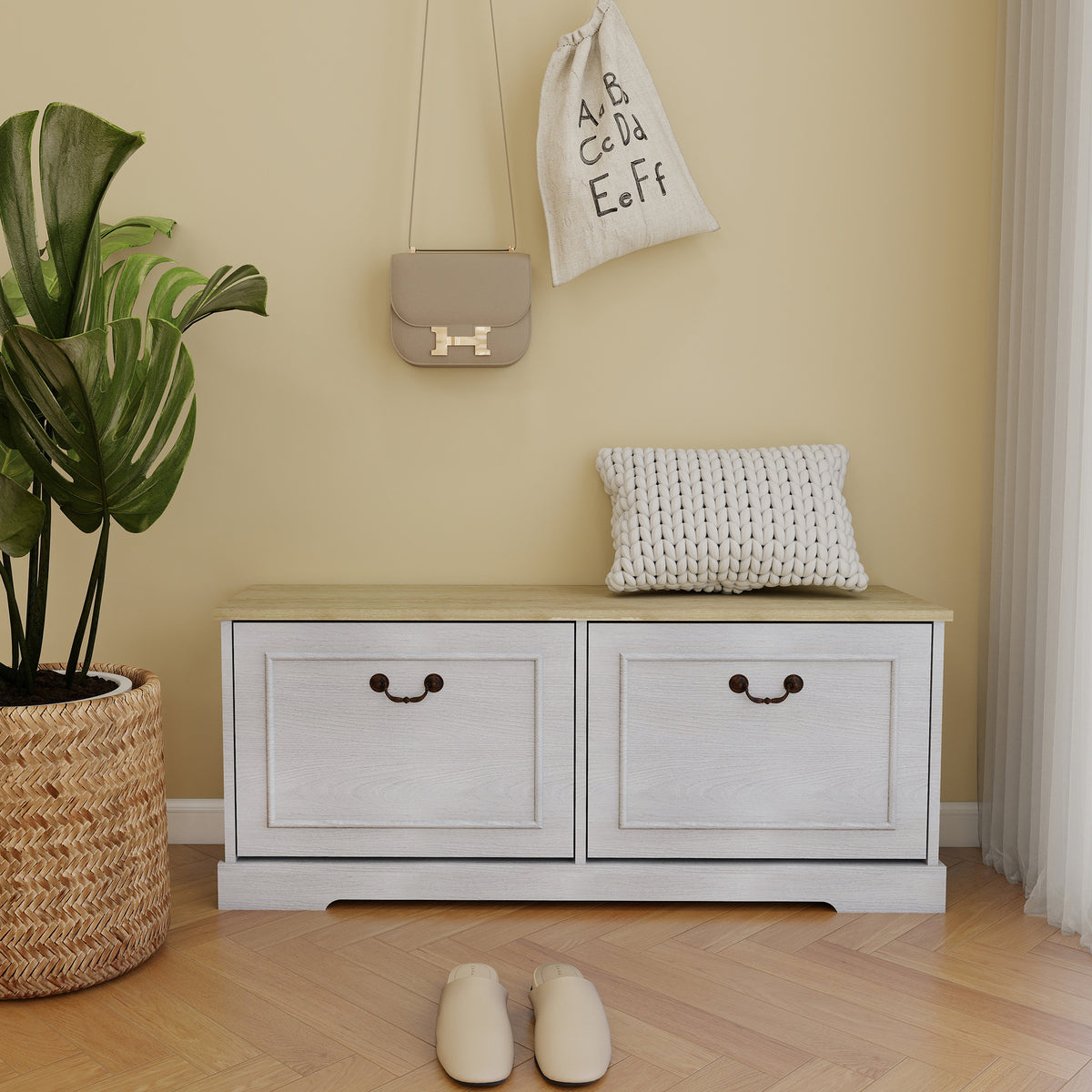 Shoe Storage Bench with 2 Flip Drawers and Adjustable Shelf for Entryway, Hallway, Bedroom-Antique White - Grand Goldman Shop