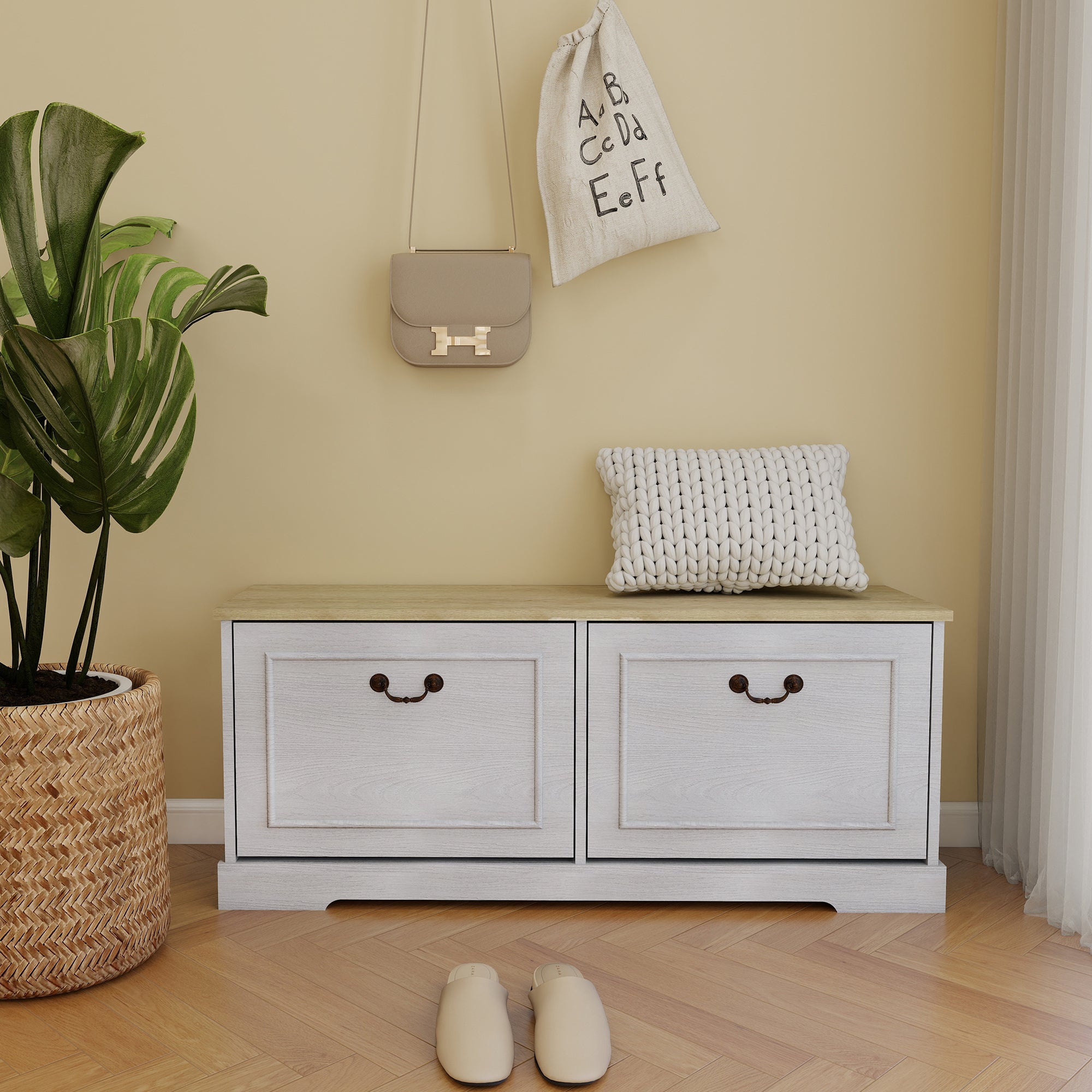 Shoe Storage Bench with 2 Flip Drawers and Adjustable Shelf for Entryway, Hallway, Bedroom-Antique White - Grand Goldman Shop