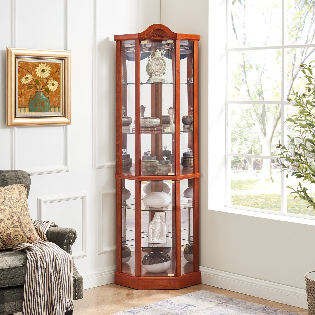Glass Cabinet Lighted Corner Cabinet Corner Display Curio Cabinet, Glass Display With Light(Included)Bar Cabinet,Wine Cabinet with Adjustable Glass Shelves Carved Decoration OAK Light(Included) - Grand Goldman Shop
