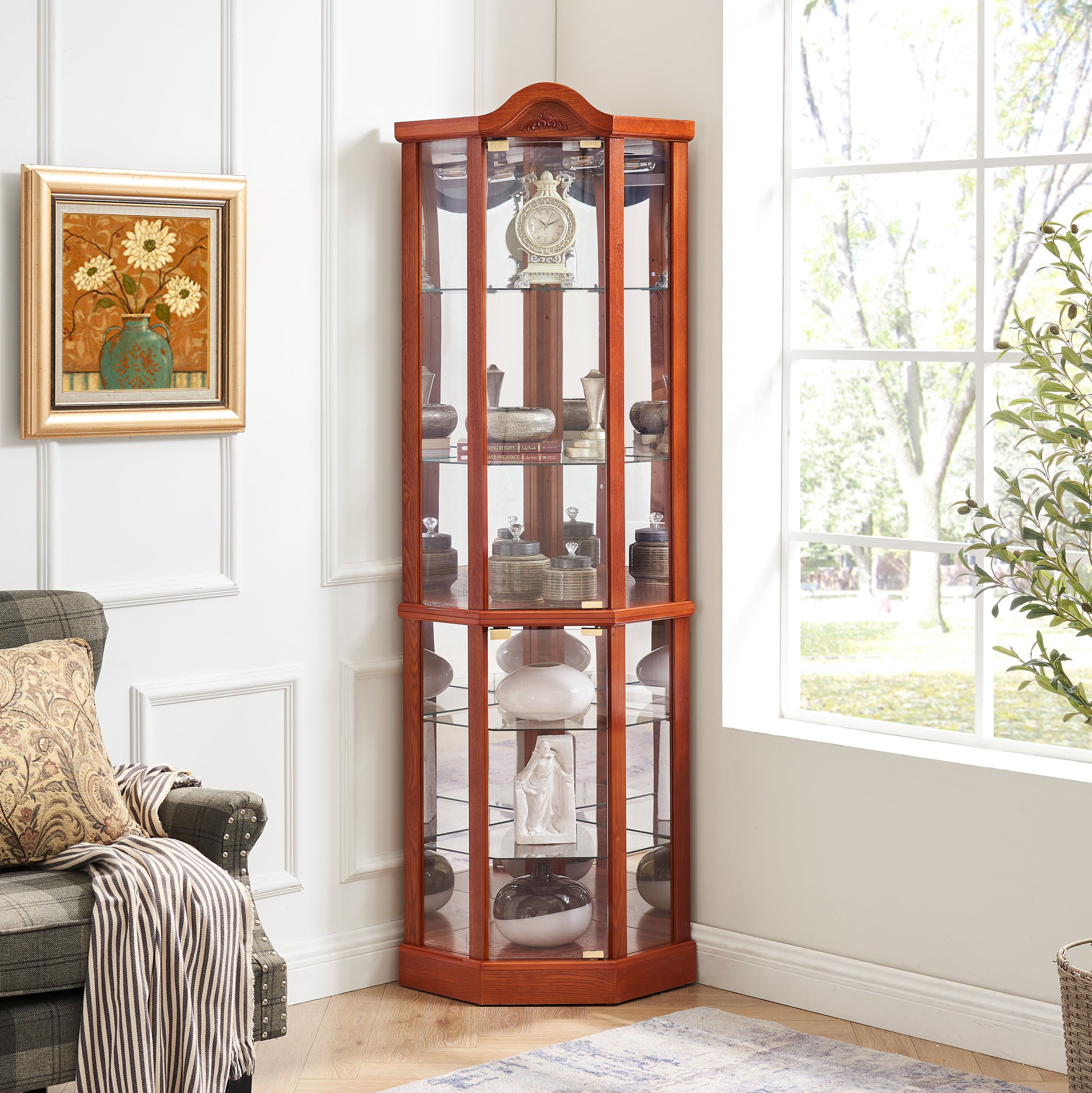 Glass Cabinet Lighted Corner Cabinet Corner Display Curio Cabinet, Glass Display With Light(Included)Bar Cabinet,Wine Cabinet with Adjustable Glass Shelves Carved Decoration OAK Light(Included) - Grand Goldman Shop