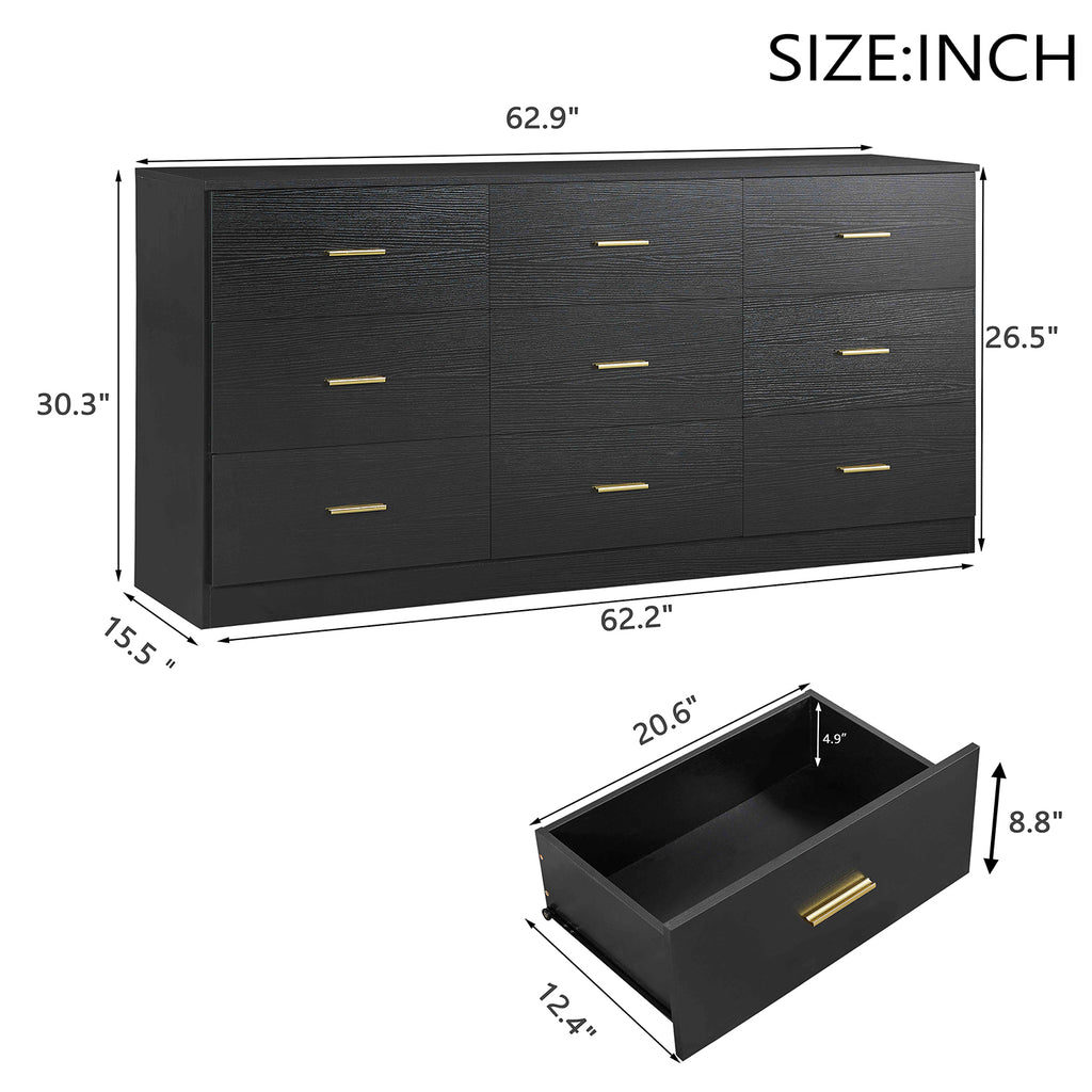 Modern Black 9-Drawer Dresser for Bedroom - Ample Storage Chest of Drawers in Engineered Wood - Grand Goldman Shop