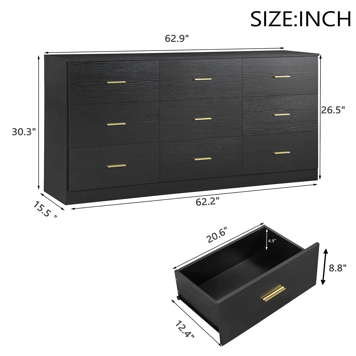 Modern Black 9-Drawer Dresser for Bedroom - Ample Storage Chest of Drawers in Engineered Wood - Grand Goldman Shop