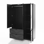 4 Doors Wardrobe Closet with Mirror, LED Wardrobe with Doors and 2 Drawers, Wooden Wardrobe Storage Cabinet with Hanging Rod, Adjustable Shelves, Black - Grand Goldman Shop