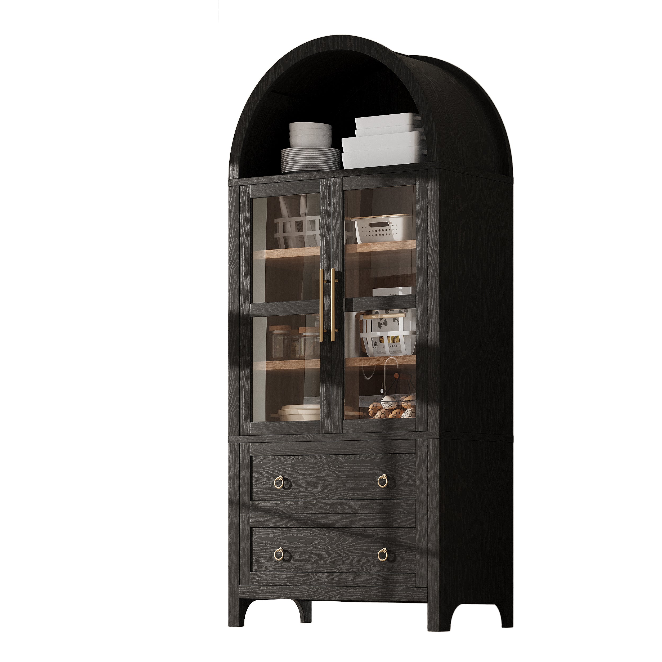 K&K 71' Tall Arched Kitchen Pantry Cabinet with 2 Large Drawers, Modern Farmhouse Kitchen Storage Cabinets with Adjustable Shelves, Glass Door, Wood Versatile Cupboard for Kitchens, Dining Room, Black - Grand Goldman Shop