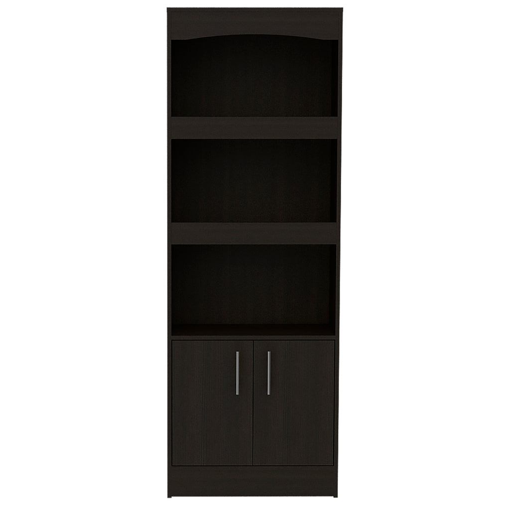 Bookcase, Three Shelves, Double Door Cabinet, Metal Hardware, Black - Grand Goldman