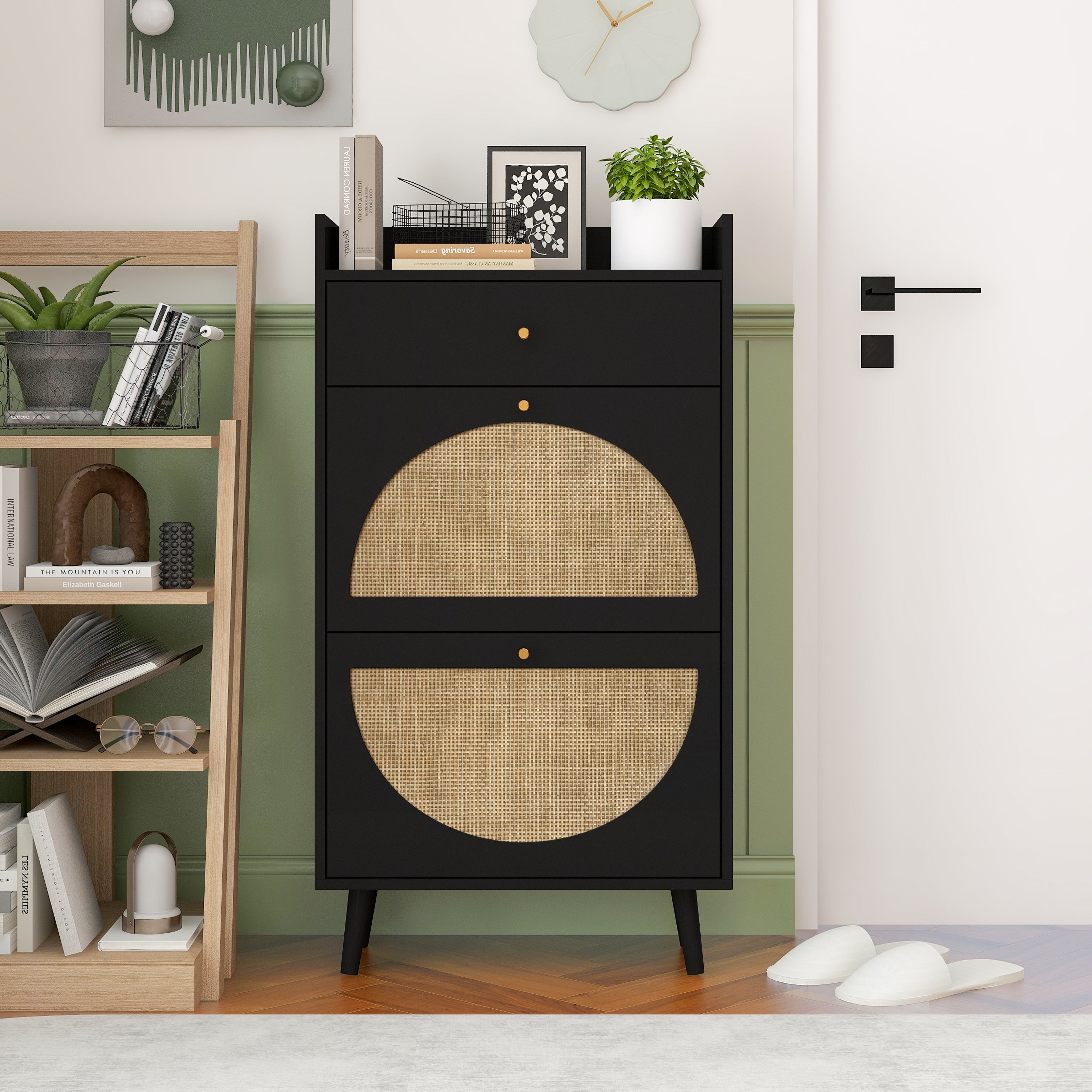 Allen Rattan 2-Door 1-Drawer Cabinet Shoe Rack for Entrance, Black Particle Board, Double Layer - Grand Goldman Shop